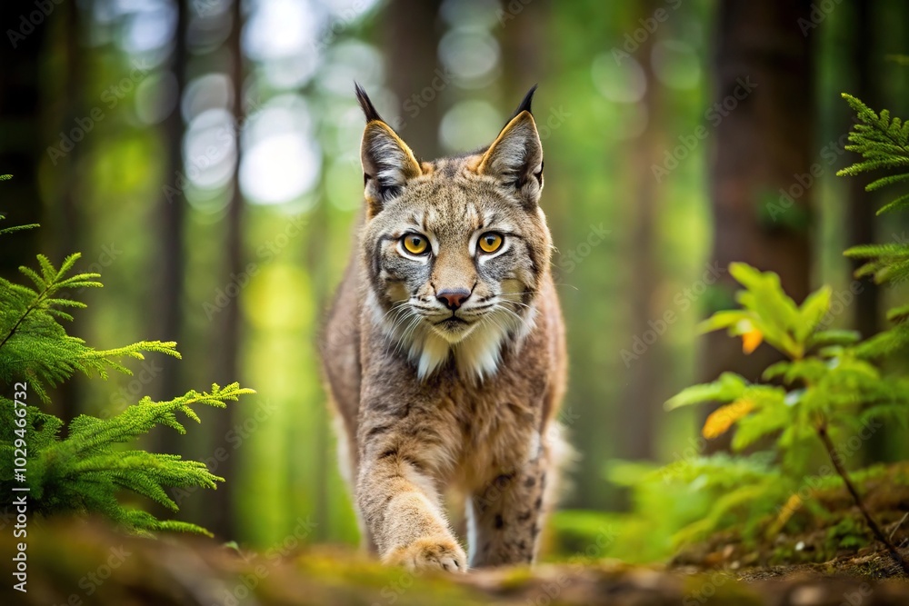Stealthy lynx stalking through dense undergrowth in a low angle forest shot Stealthy lynx stalking through dense undergrowth in a low angle forest shot