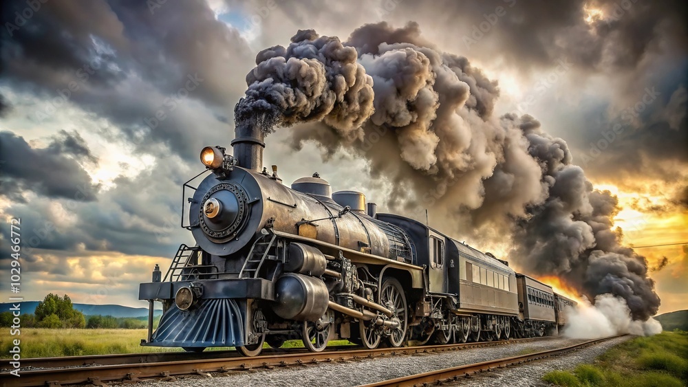 Fototapeta premium Steam engine train emitting smoke on tracks