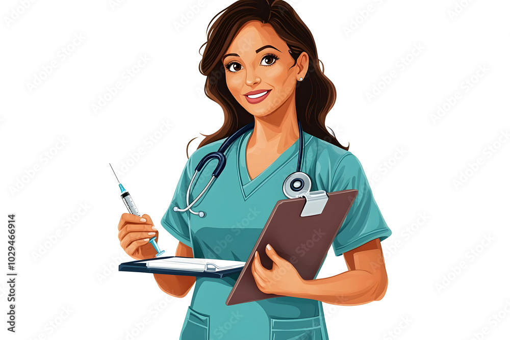 illustration of a nurse holding a clipboard and a syringe, wearing scrubs, isolated on a white background illustration of a nurse holding a clipboard and a syringe, wearing scrubs, isolated on a white background