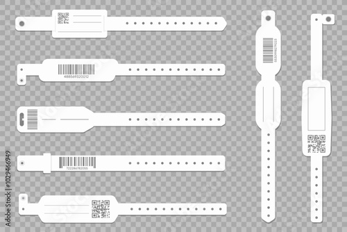 Blank wristband bracelets mockup. White paper pass tapes. Event or concert identification. Fan ID. Carnival entry. Access wristlet with barcode. Security checking elements vector set