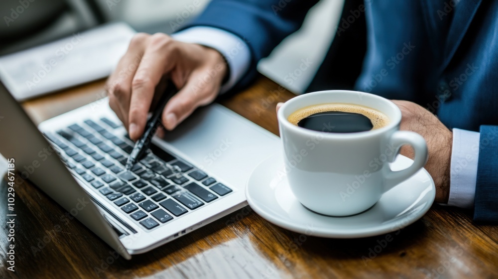 A professionally dressed individual is focused on their laptop, typing intently while savoring a freshly brewed cup of coffee on a wooden table in a contemporary cafГ© setting A professionally dressed individual is focused on their laptop, typing intently while savoring a freshly brewed cup of coffee on a wooden table in a contemporary cafГ© setting