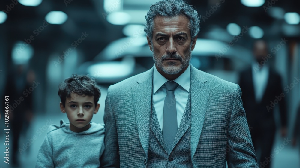 A grey-haired man in a sharp suit stands with a young boy in a contemporary hall, representing authority and mentorship amidst the dynamic surroundings. A grey-haired man in a sharp suit stands with a young boy in a contemporary hall, representing authority and mentorship amidst the dynamic surroundings.