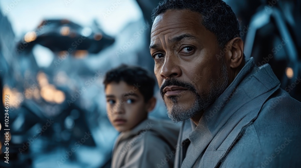 A man and a young boy share a moment of curiosity and wonder in a futuristic environment, highlighting their bond in an intriguing, technology-driven world. A man and a young boy share a moment of curiosity and wonder in a futuristic environment, highlighting their bond in an intriguing, technology-driven world.