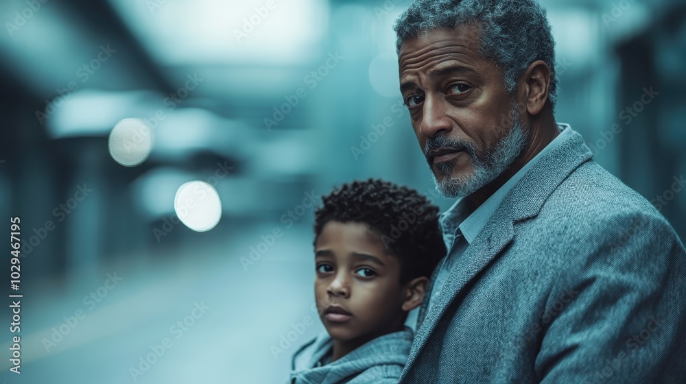 An elderly man with a thoughtful gaze stands beside a young boy in an urban setting, capturing a poignant moment of connection amid a blurred city background. An elderly man with a thoughtful gaze stands beside a young boy in an urban setting, capturing a poignant moment of connection amid a blurred city background.