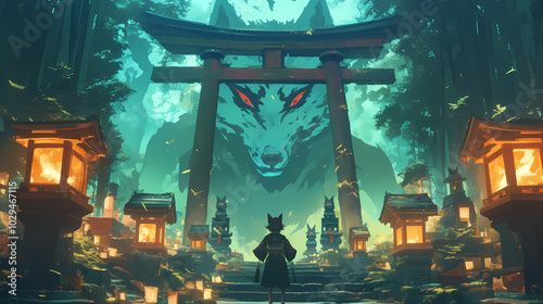 Kitsune Yokai at Glowing Torii Gate: Mystical Anime Art photo