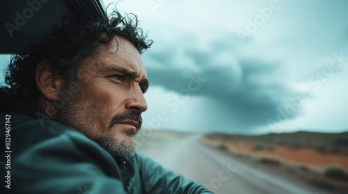 A contemplative man stares out a car window at ominous clouds, symbolizing a blend of uncertainty and anticipation, emphasized by the muted atmospheric tone. photo