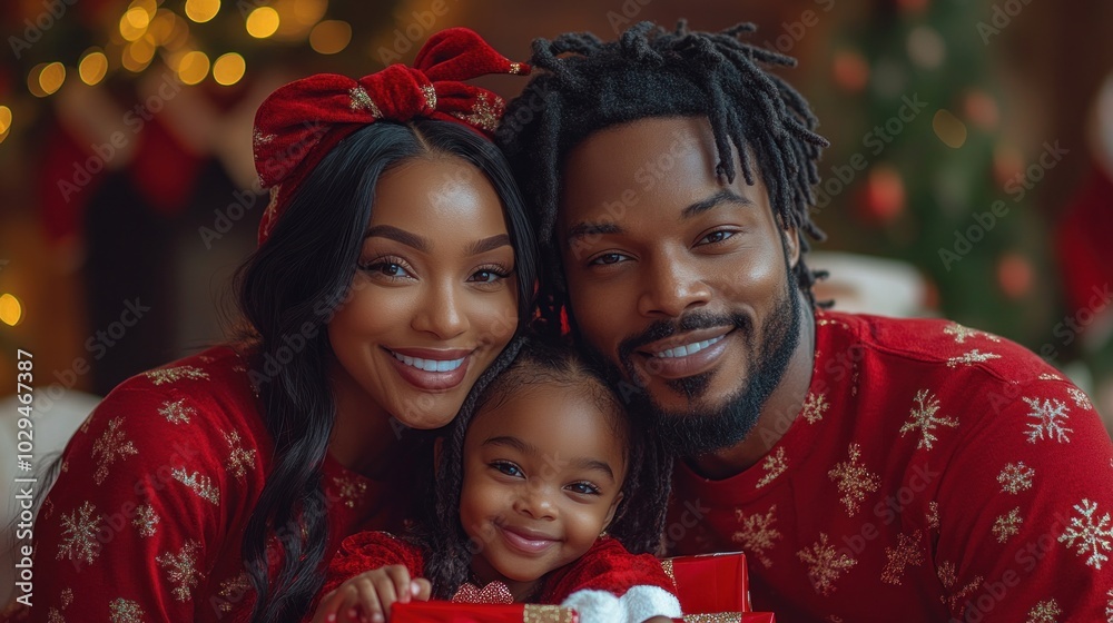 Family in matching Christmas pajamas opening presents together, showcasing the warmth and joy of holiday traditions Family in matching Christmas pajamas opening presents together, showcasing the warmth and joy of holiday traditions