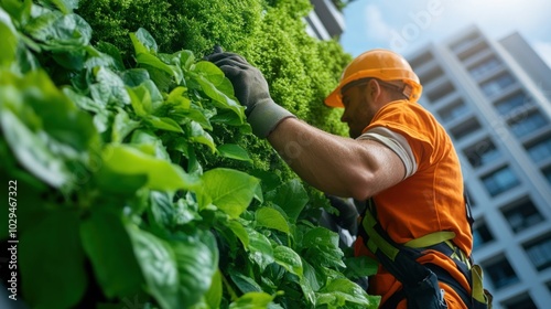 A man in an orange shirt carefully maintains a lush vertical garden, adjusting plants while surrounded by contemporary architecture under bright sunlight photo