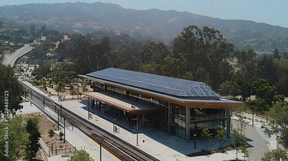 A modern train station with solar panels covering the roof, providing clean energy for the entire facility.