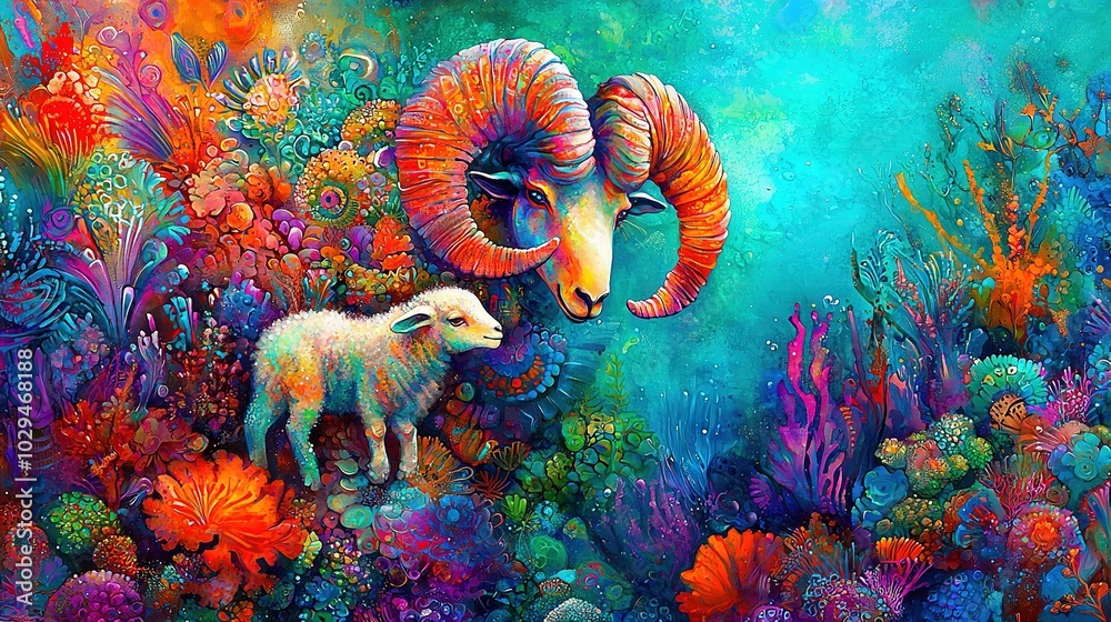 Obraz premium A ram and lamb stand amidst vibrant corals and algae, beneath a cerulean sky