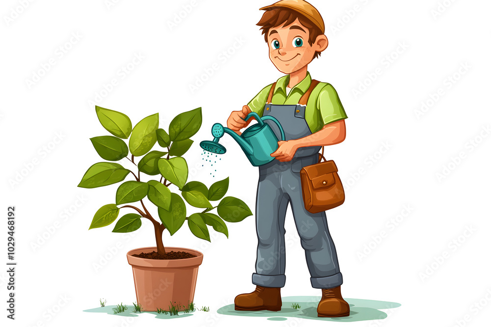 illustration of a gardener holding a watering can and a potted plant, isolated on a white background illustration of a gardener holding a watering can and a potted plant, isolated on a white background