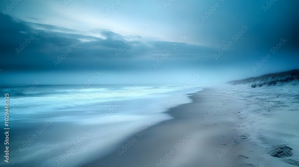 Obraz premium A long exposure photograph of the beach. The ocean is calm and blue, with some fog on top