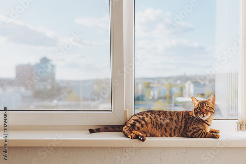 Fotografija Relaxed Bengal cat lying on a window sill and looking at the camera