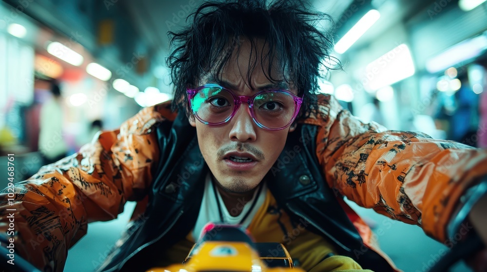 An expressive person in colorful glasses and a vibrant jacket takes a dynamic selfie, capturing the essence of individuality, energy, and urban exploration. An expressive person in colorful glasses and a vibrant jacket takes a dynamic selfie, capturing the essence of individuality, energy, and urban exploration.