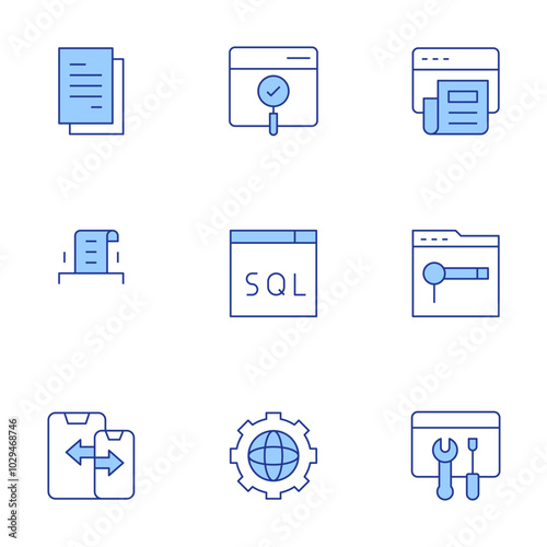 Seo icons set. Line Duotone style, editable stroke. article, searching, sql, usability, report, responsive design, world grid, maintenance, data