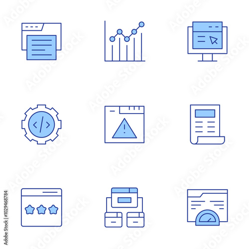 Seo icons set. Line Duotone style, editable stroke. backlink, browser, chart, seo report, improvement, optimization, rating, gear, error