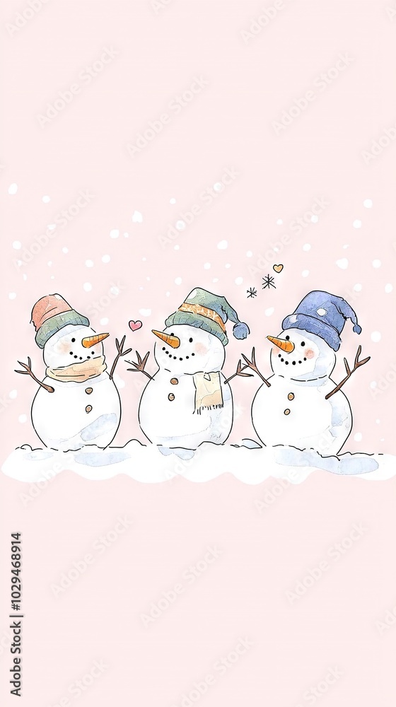   A trio of snowmen in front of a pink backdrop, surrounded by snowflakes