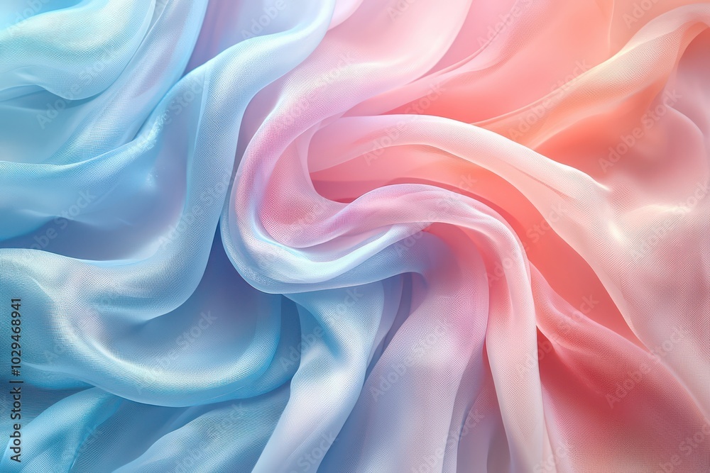 Obraz premium Abstract pastel pink, blue, and cream fabric pattern in soft flowing waves creating a soothing and elegant visual effect