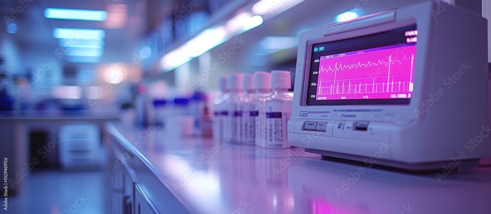 Laboratory scene with a monitor displaying data and vials on the countertop. Laboratory scene with a monitor displaying data and vials on the countertop.
