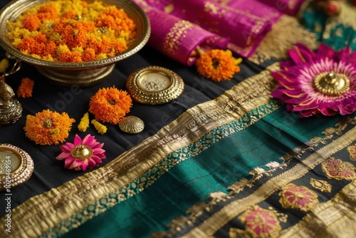 traditional festivals, a vibrant bathukamma creation surrounded by ethnic textiles and traditional items, inviting messages of goodwill s photo