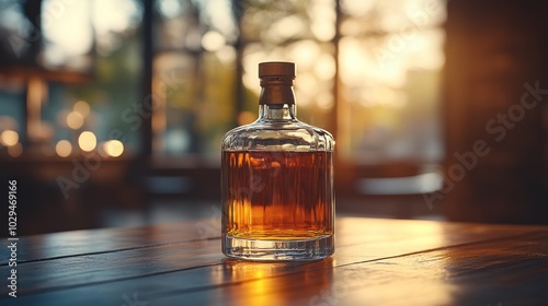 A glass bottle filled with amber liquid, illuminated by warm sunlight in a cozy setting.