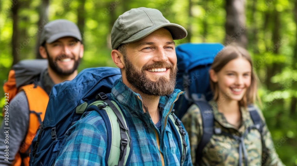 Three cheerful hikers, equipped with backpacks and dressed in outdoor gear, are enjoying a sunny day together in a vibrant green forest, surrounded by trees and nature Three cheerful hikers, equipped with backpacks and dressed in outdoor gear, are enjoying a sunny day together in a vibrant green forest, surrounded by trees and nature