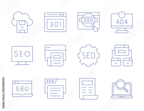 Seo icons. Thin Line style, editable stroke. 408, error, article, backlink, browser, save file, search, seo, seo and web, seo report