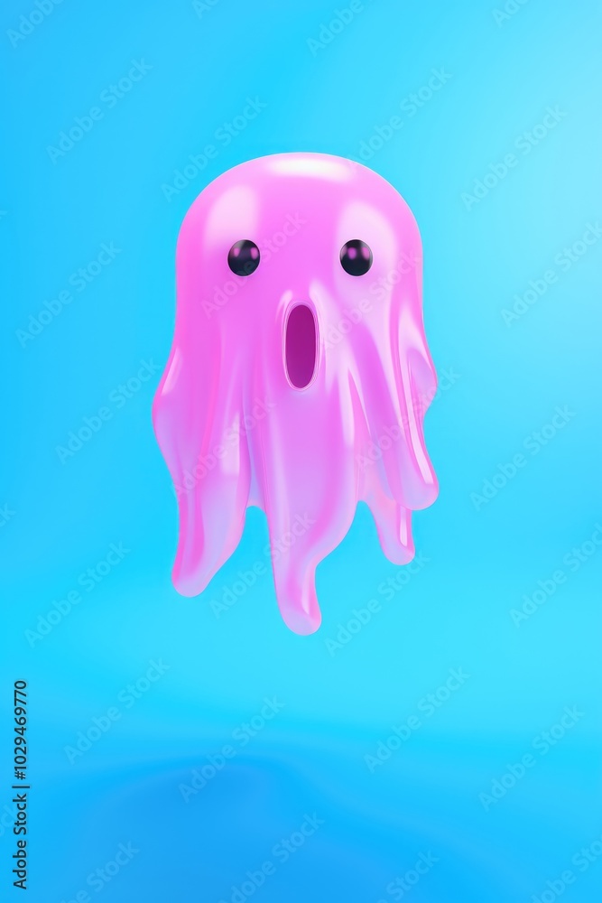 Pink ghost flying isolated on blue background. 3D render style illustration. Halloween celebration and children party concept. Cute character design. Pink ghost flying isolated on blue background. 3D render style illustration. Halloween celebration and children party concept. Cute character design.