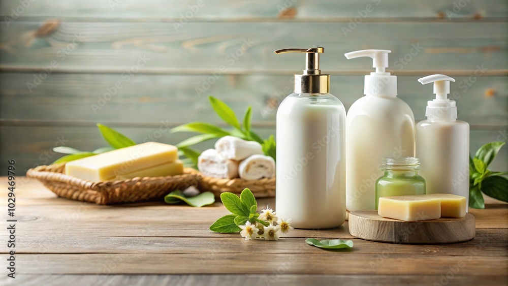 Stock photo of a table with lotion bottles and soap Stock photo of a table with lotion bottles and soap