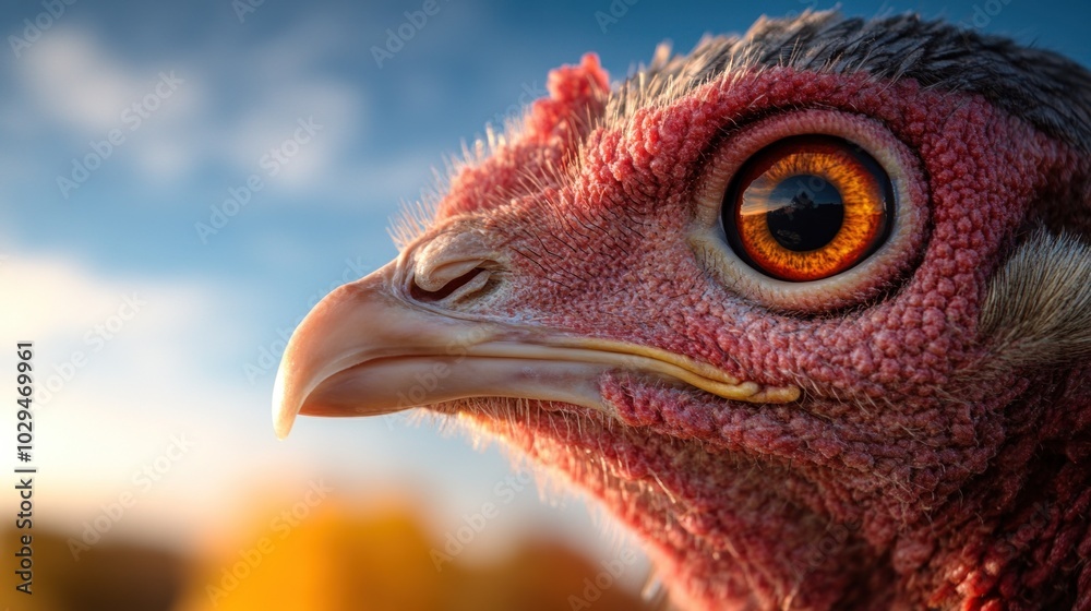 The turkey's head captivates with its colorful feathers and bright eye, highlighting intricate textures and a sharp gaze under the warm autumn sky The turkey's head captivates with its colorful feathers and bright eye, highlighting intricate textures and a sharp gaze under the warm autumn sky