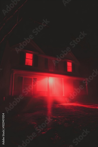 Haunted house with glowing red windows in fog background. Spooky dark mansion scene. Halloween celebration concept. Illustration design for horror poster, banner photo