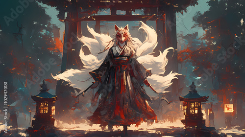 Kitsune Yokai at Glowing Torii Gate: Mystical Anime Art photo