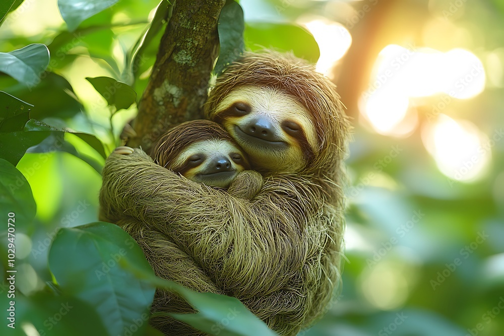 A mother sloth and her baby cuddle closely in the rainforest canopy.