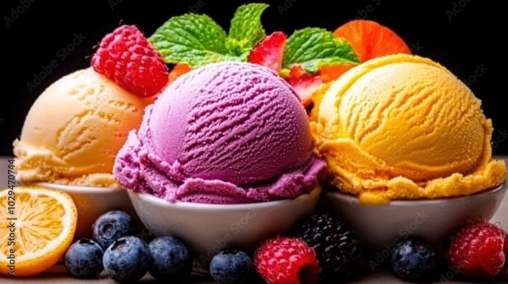 Three scoops of ice cream with berries, oranges, raspberries and lemon slice Three scoops of ice cream with berries, oranges, raspberries and lemon slice