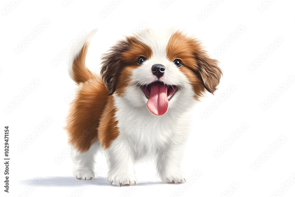 illustration of a puppy wagging its tail, with its tongue out in excitement, isolated on a white background