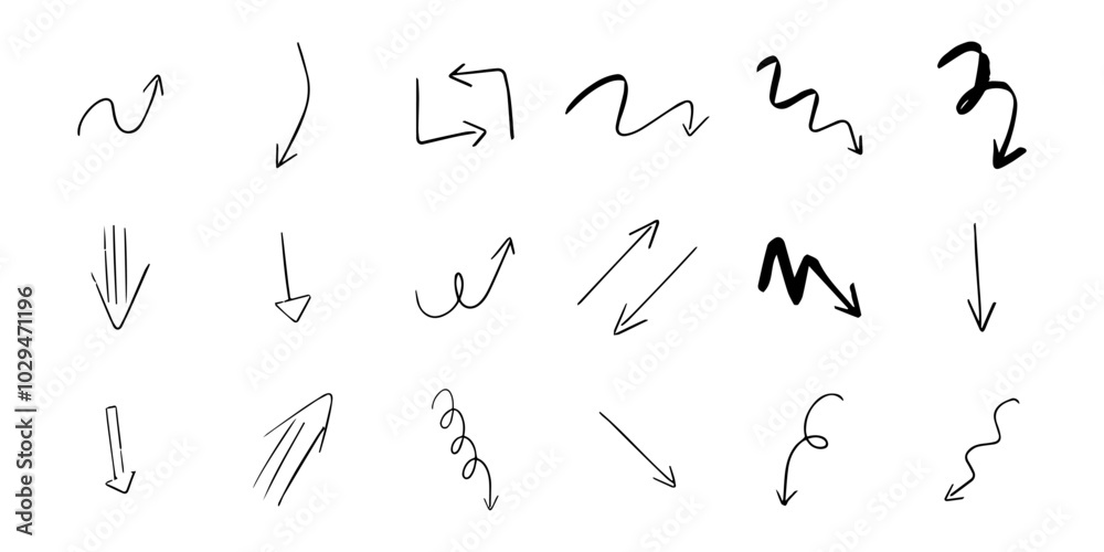 Arrows. Set of trendy doodle and abstract random icons on isolated background. Big element collection, unusual organic shapes in freehand style. Arrows. Set of trendy doodle and abstract random icons on isolated background. Big element collection, unusual organic shapes in freehand style.