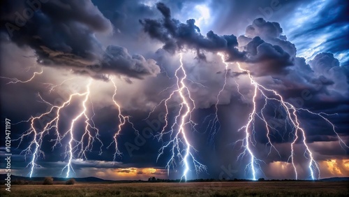 Stormy sky with cloud to ground lightning strikes reflected in water photo