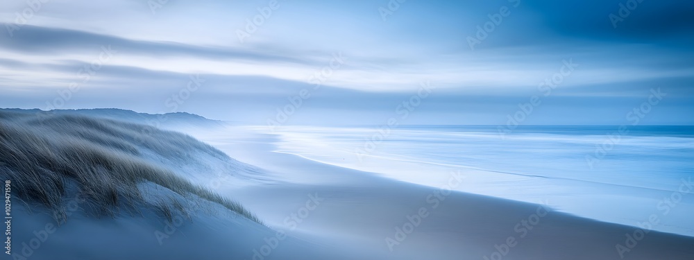 A long exposure photograph of the beach. The ocean is calm and blue, with some fog on top A long exposure photograph of the beach. The ocean is calm and blue, with some fog on top