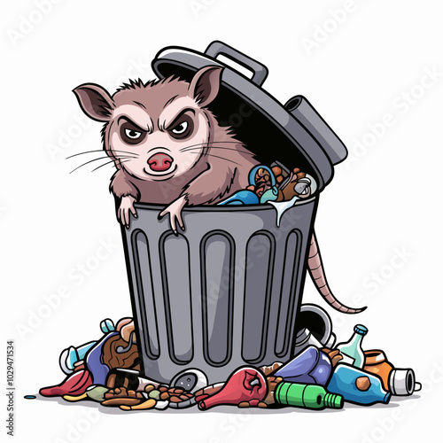 A mischievous opossum peers out of a overflowing trash can, surrounded by a variety of discarded items. This cartoon illustration is perfect for adding a touch of humor to your designs.