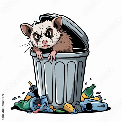 A comical illustration of a possum peering out from a trash can, surrounded by discarded cans and bottles. This humorous design is perfect for adding a touch of whimsy to your projects.