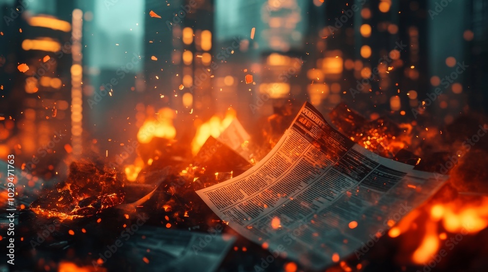 Obraz premium Burning Newspaper with City Lights in Background.