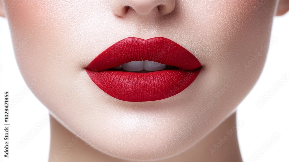 Obraz premium Close-up of luscious red lips with matte lipstick finish, showcasing bold beauty and elegance, perfect for use in makeup ads, cosmetic branding, or fashion-focused visuals.