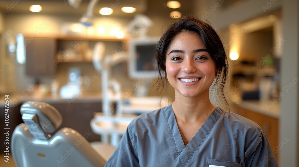 Young dental professional smiles warmly in a modern clinic during a patient consultation session