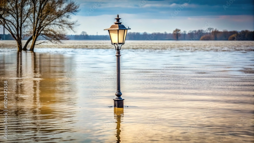 Streetlamp standing in floodwaters, beacon of resilience Streetlamp standing in floodwaters, beacon of resilience