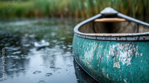 Close-up of an aged green canoe accentuating its weathered texture and worn surface, juxtaposed against reflective water, capturing timeless vintage outdoor essence.