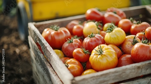 A wooden crate packed full of ripe, vibrant red and yellow tomatoes, showcasing fresh produce and the bounty of the harvest from a sunlit garden setting. photo