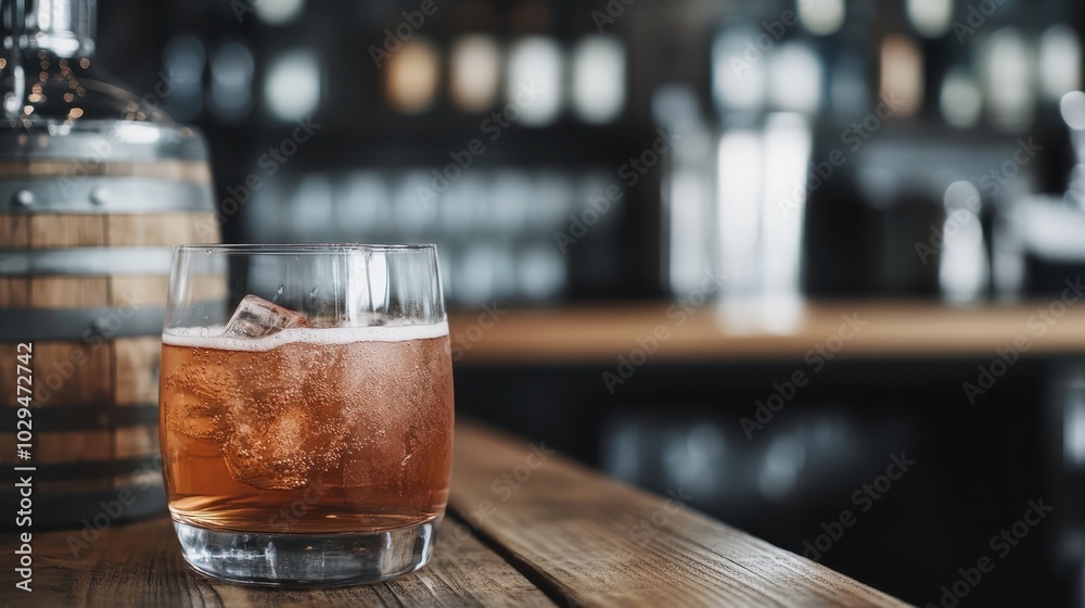 A glass filled with whiskey and ice cubes sits on a wooden bar counter, backdropped by a wooden barrel, creating a warm, rustic, and inviting atmosphere. A glass filled with whiskey and ice cubes sits on a wooden bar counter, backdropped by a wooden barrel, creating a warm, rustic, and inviting atmosphere.