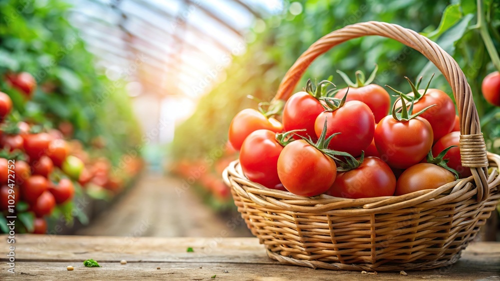 Red tomatoes in a basket in the greenhouse, tomato harvest Red tomatoes in a basket in the greenhouse, tomato harvest