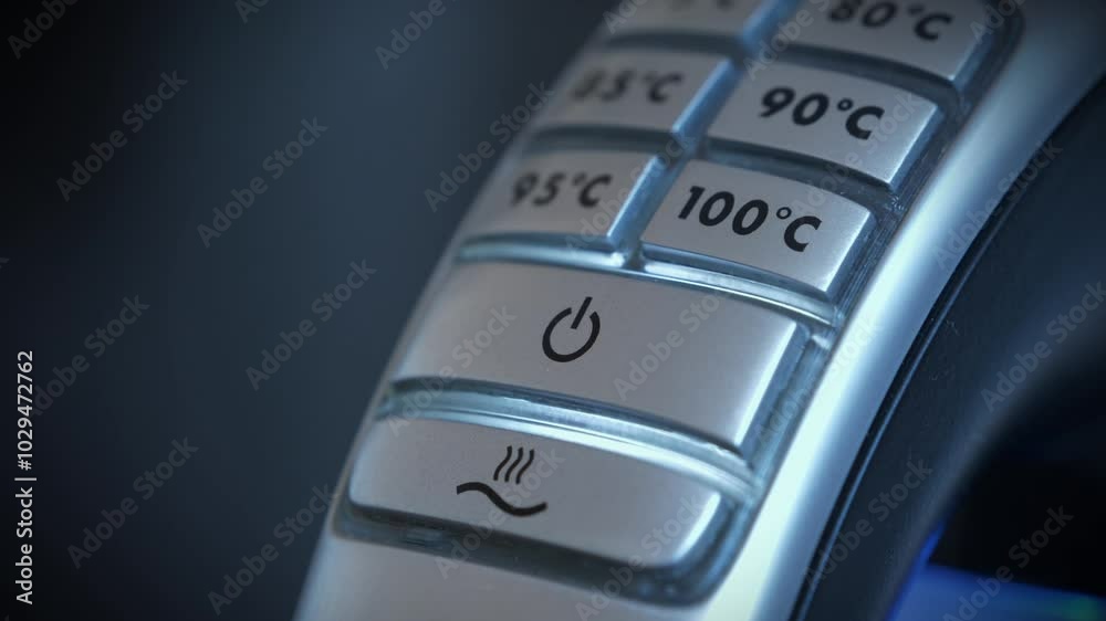 Control panel with buttons on handle of kettle with adjustable water heating temperature. Finger presses off button on a kettle. Kettle will heated water to 100 degrees Celsius, indicator flashes Control panel with buttons on handle of kettle with adjustable water heating temperature. Finger presses off button on a kettle. Kettle will heated water to 100 degrees Celsius, indicator flashes