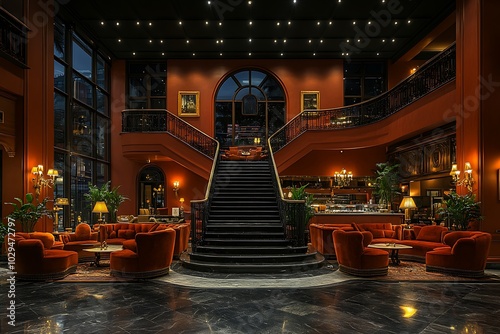 Luxurious hotel lobby interior with a grand staircase and elegant furniture.